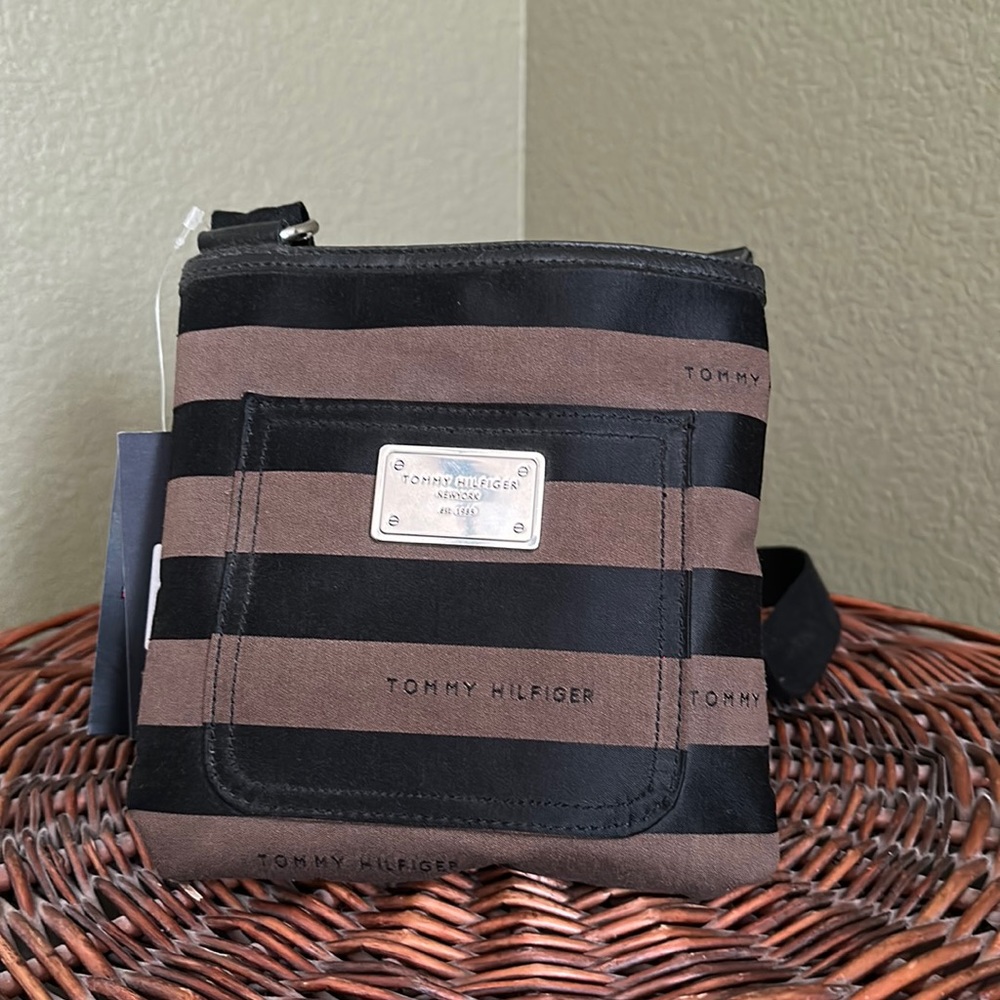 Tommy Hilfiger brown and black stripped small crossbody bag
